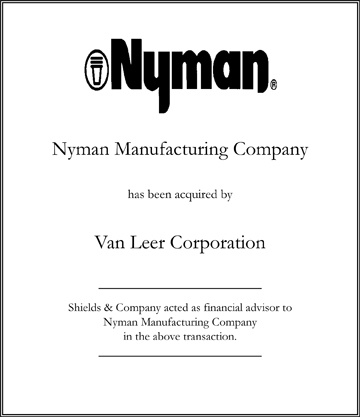 Nyman Manufacturing Company niche manufacturing transactions